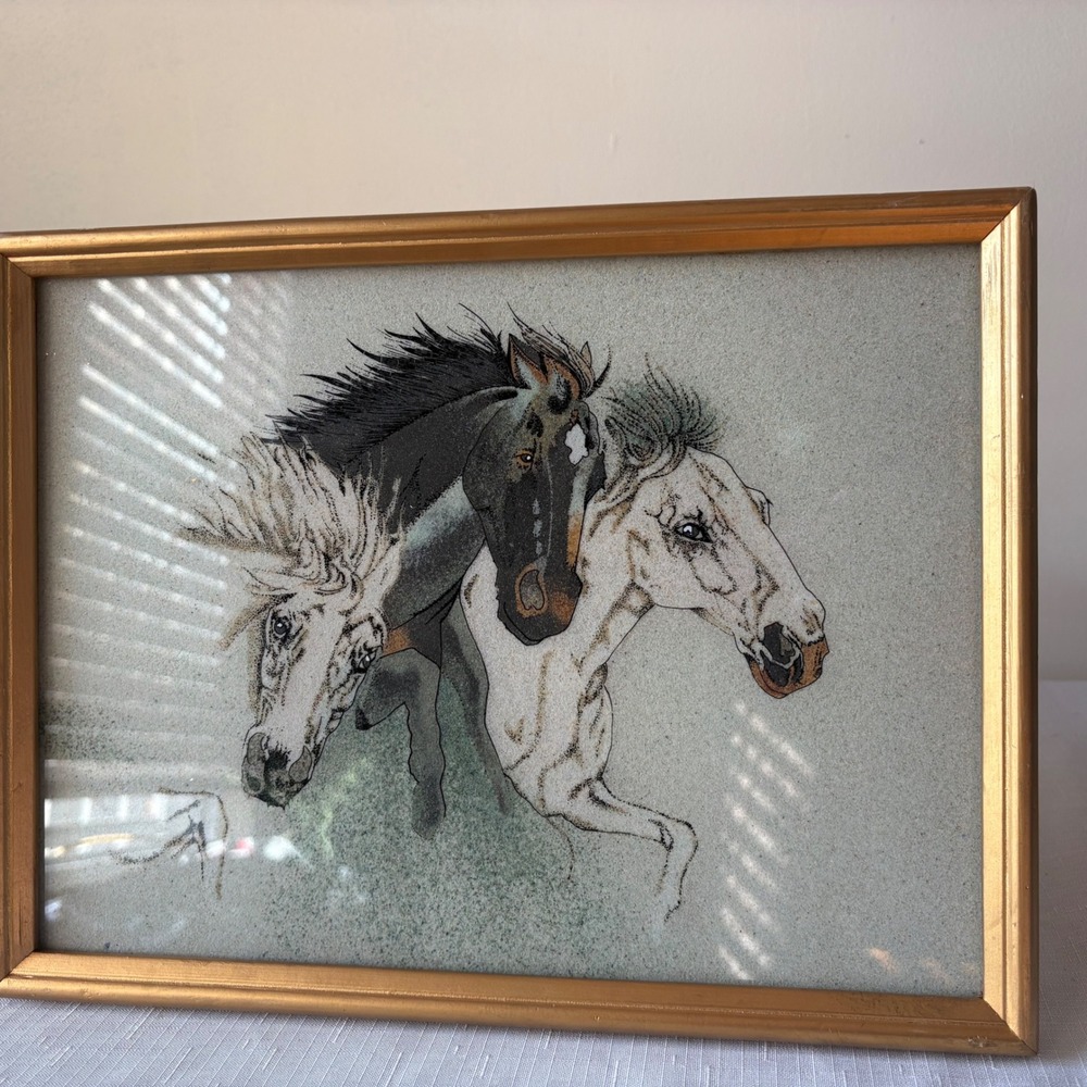 Vintage Gemstone Sand Art Three Horses Framed Mixed Media Semi Precious Stones